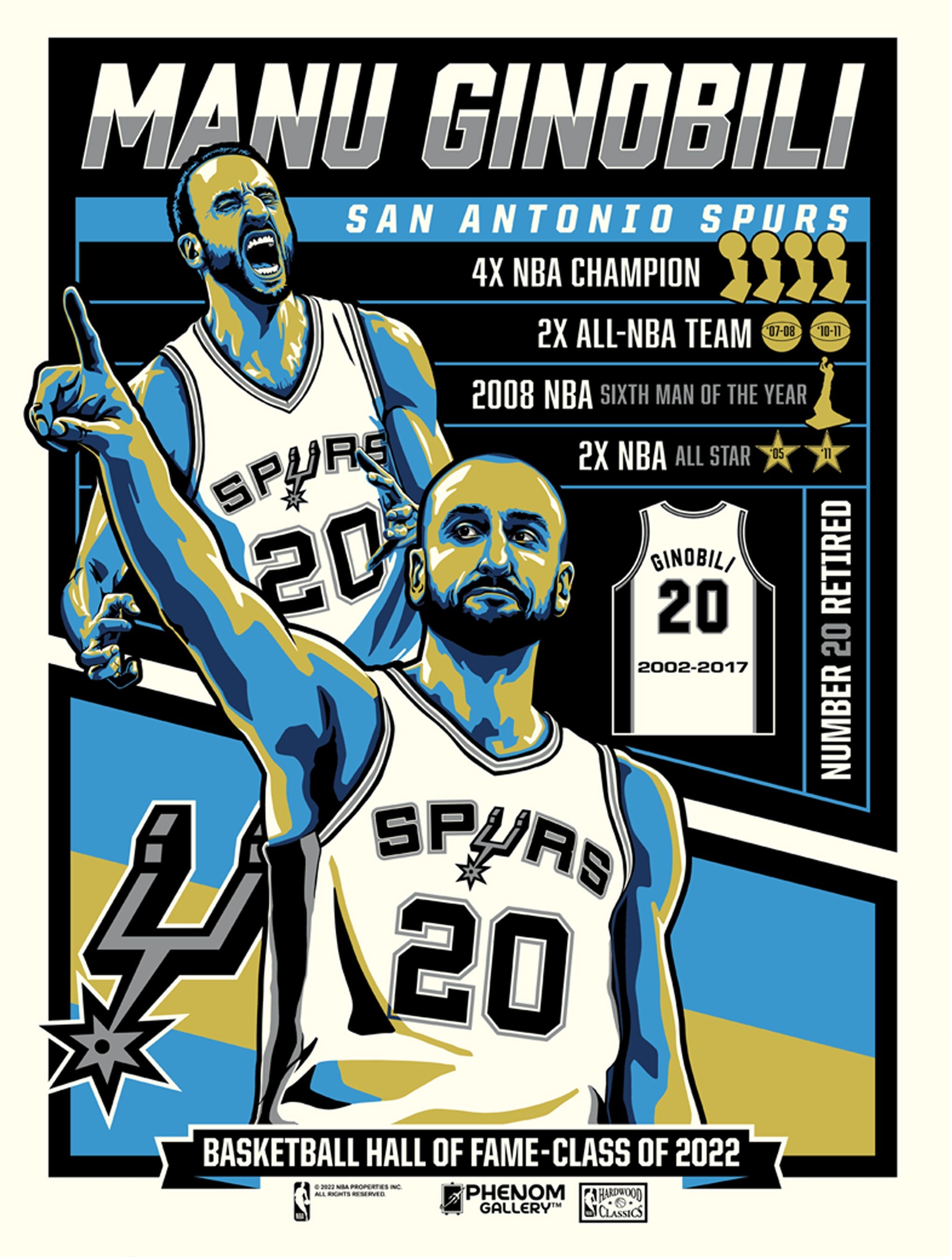 San Antonio Spurs Manu Ginobili Career 18 x 24 Serigraph